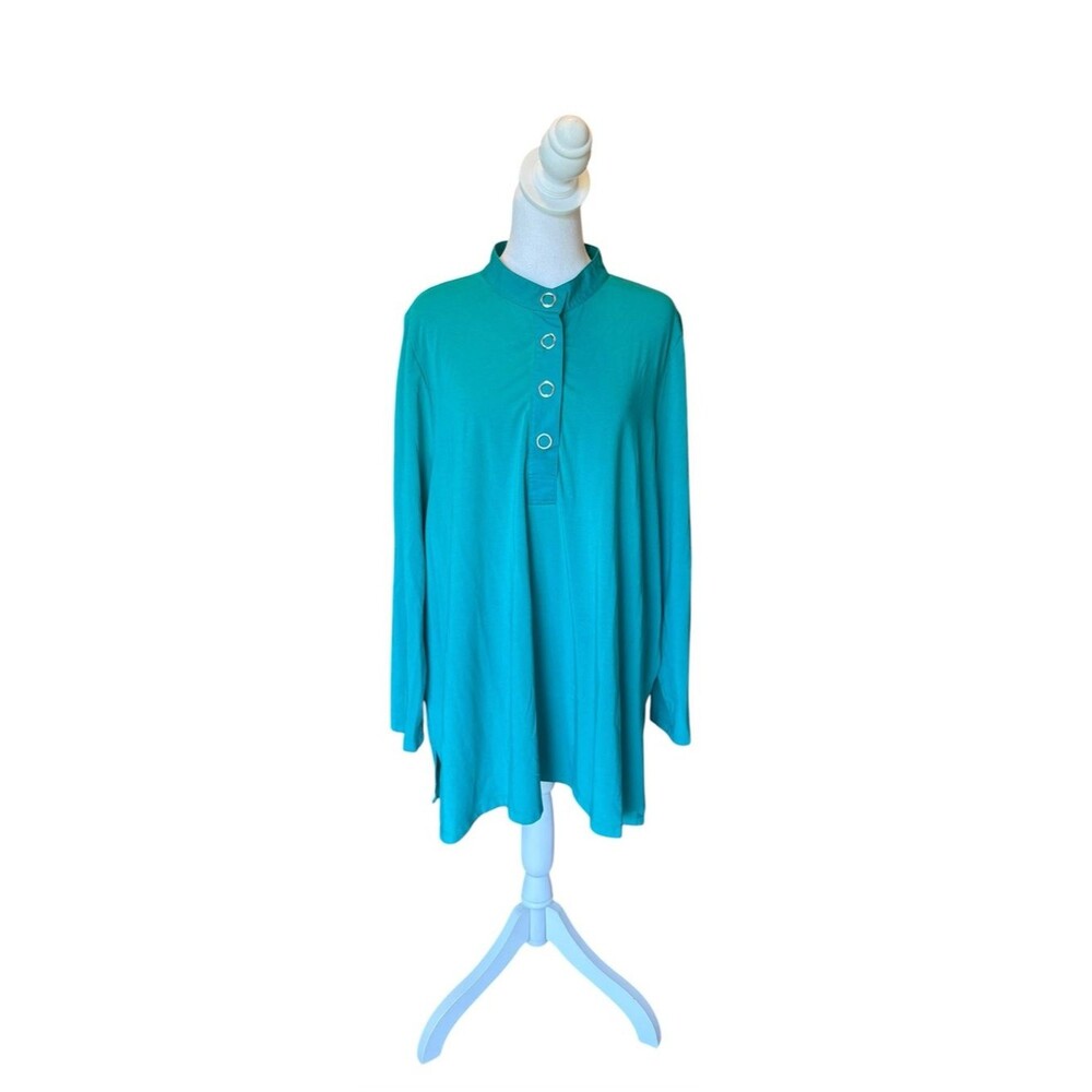 Soft Surroundings Half Snap Button Up Tunic Top Split Hem Teal Womens 2X